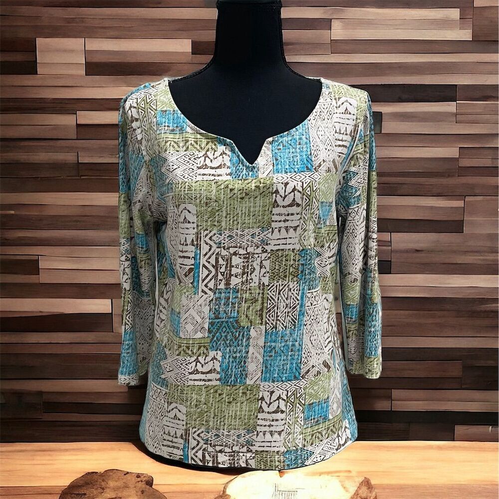 Lark Lane Boho Tunic Top V-Neck Long Sleeve Patchwork Print‎ Women's Size M